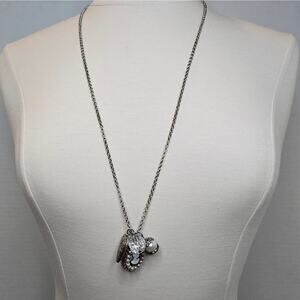 Charm Necklace Cameo Locket Filigree Heart Faux Pearl Faceted Clear Bead 32" AEO